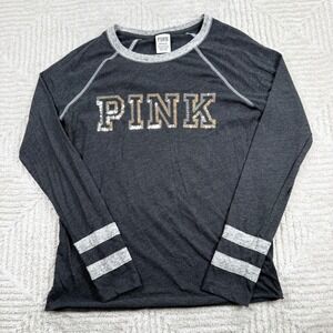 PINK Victoria's Secret Raglan T Women S Grey Sequin Spell Out Varsity Stripe Y2K